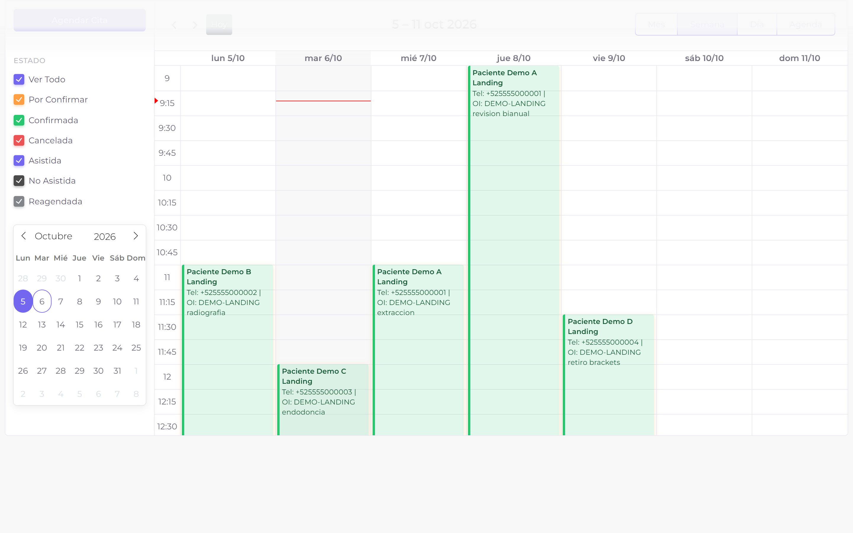 Agenda semanal con citas por doctor y sucursal